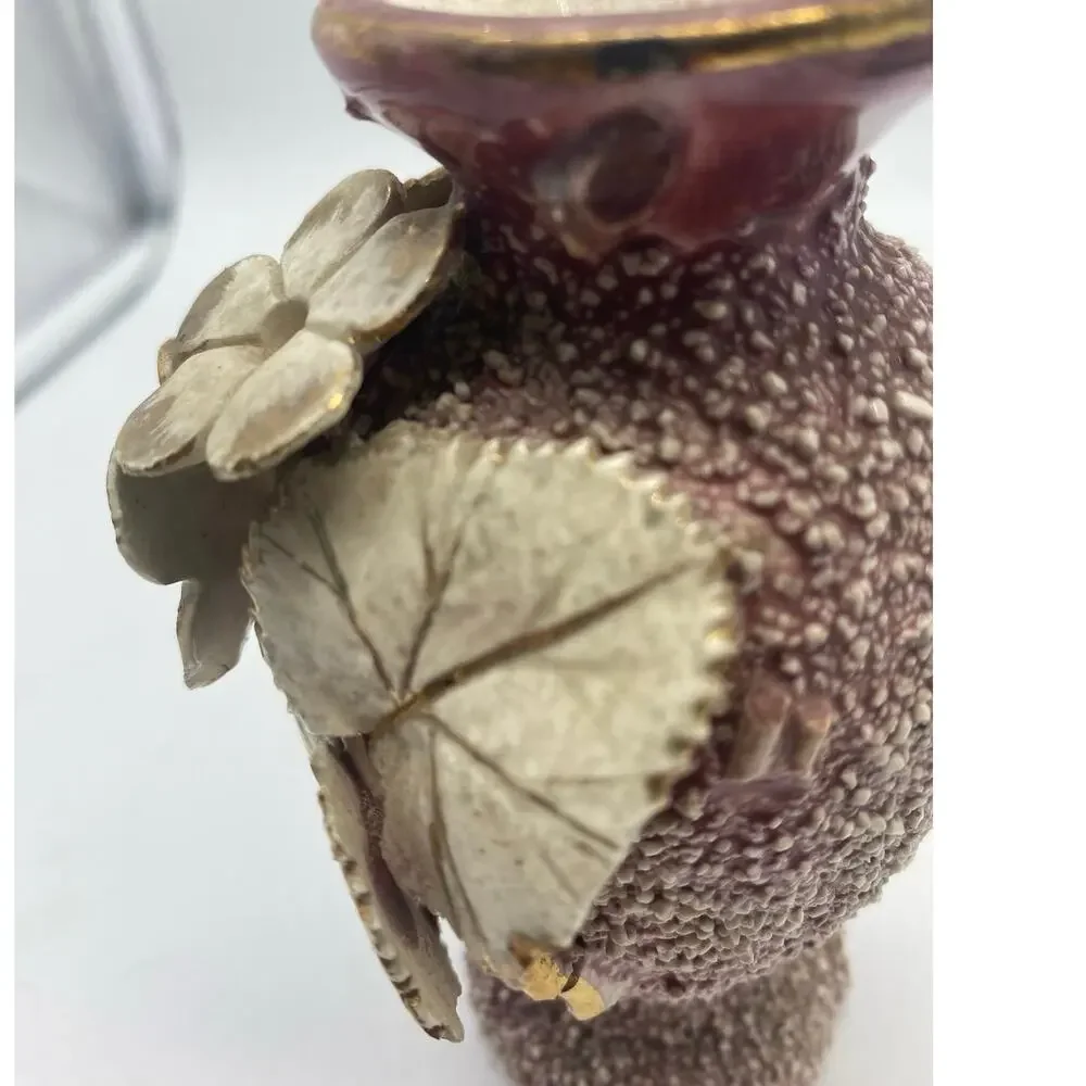 Vintage Sand Majolica Vase‎ Pink Amphora Applied Flowers barbotine gilded